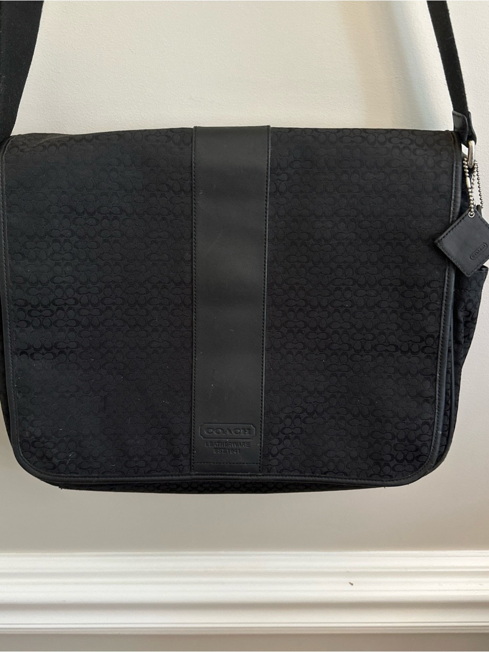 Coach Black Jacquard Messenger Bag with Leather Trim